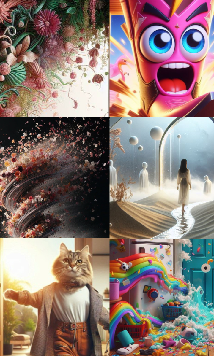 A collage of six images: ornate plant design, animated character with wide eyes, swirling abstract art, woman walking towards light, anthropomorphic cat, and vibrant room with rainbows and toys.