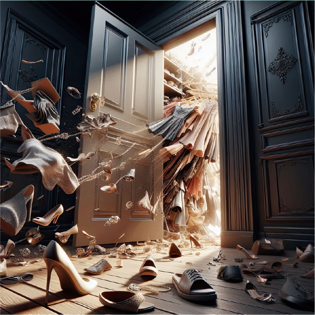 An overflowing, brightly lit closet spills clothes and shoes into a dimly lit room, creating a dramatic and chaotic scene.