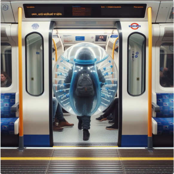 Person wearing a large inflatable bubble-like suit standing in a subway train doorway, with passengers seated inside the train.