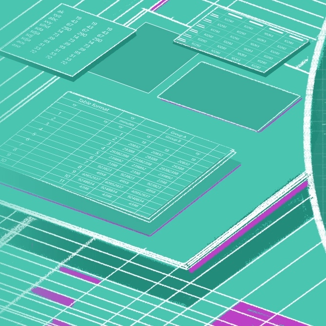 Abstract image of layered spreadsheets and charts with data grids in various shades of green and purple.