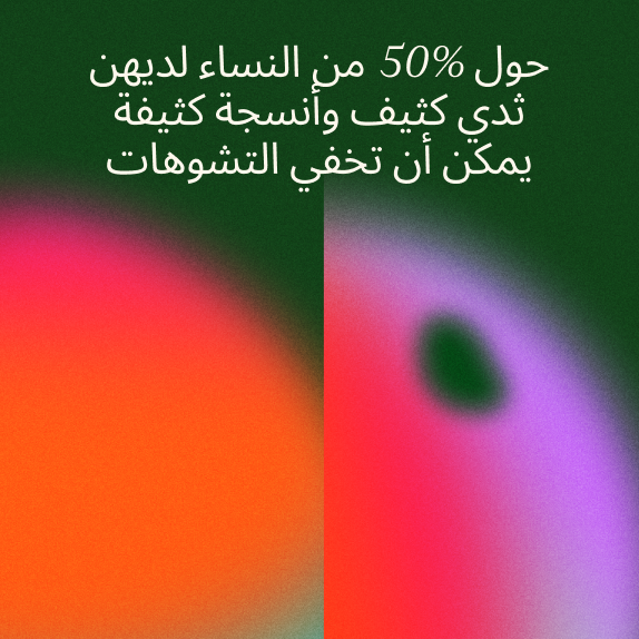 نص عربي على خلفية خضراء مع أشكال مجردة باللون الأحمر والبرتقالي والوردي والأرجواني. يناقش النص أن حوالي 50% من النساء لديهن أنسجة ثدي كثيفة يمكن أن تخفي التشوهات.