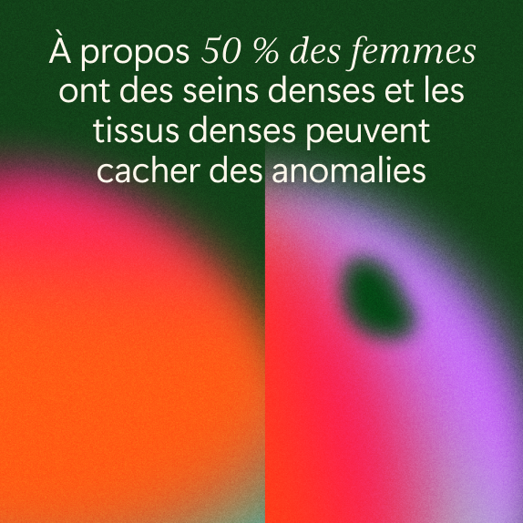 Texte en français sur fond abstrait : À propos 50% des femmes ont des seins denses et les tissus denses peuvent cacher des anomalies. L'arrière-plan comporte des formes rouges et violettes floues.