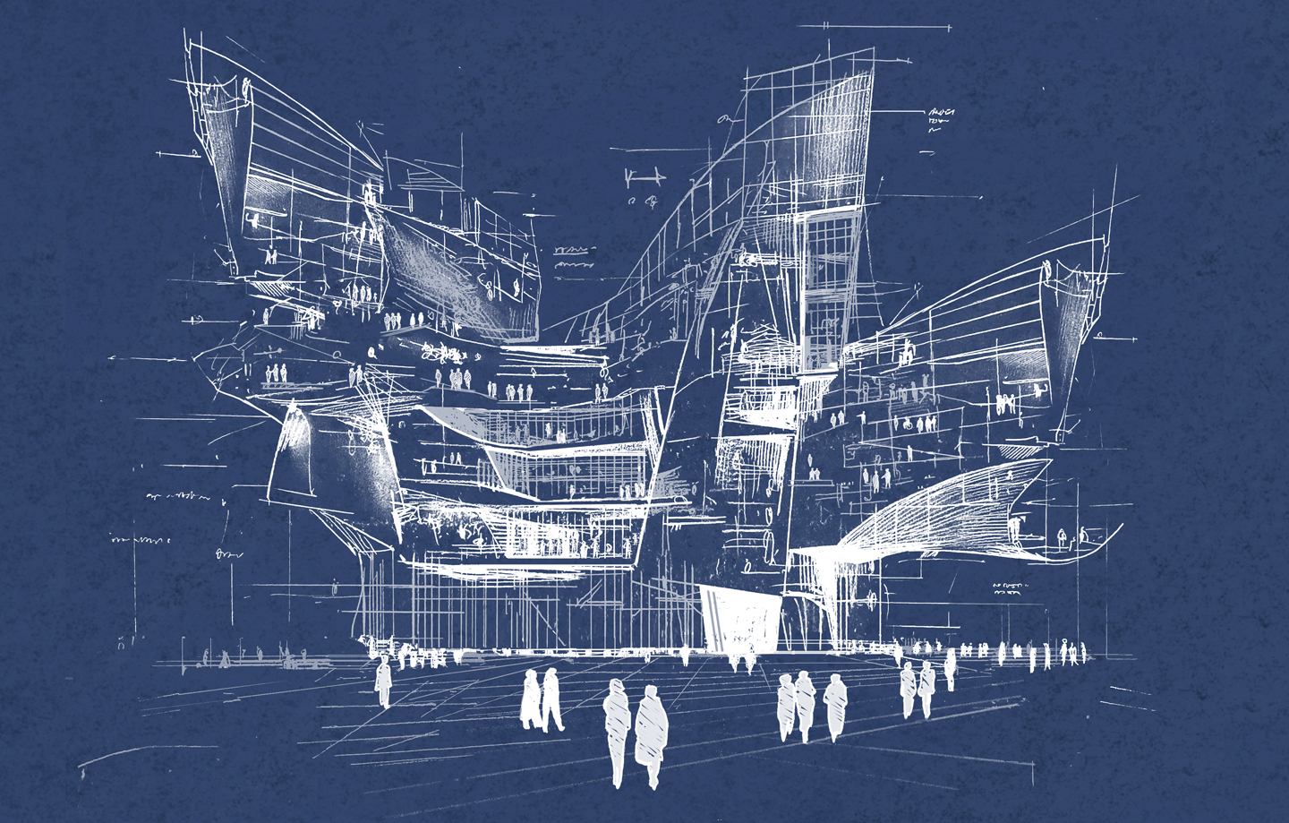 Architectural sketch of a modern, abstract building with sharp, angular forms; several people are shown walking in front of the structure on a blue background.