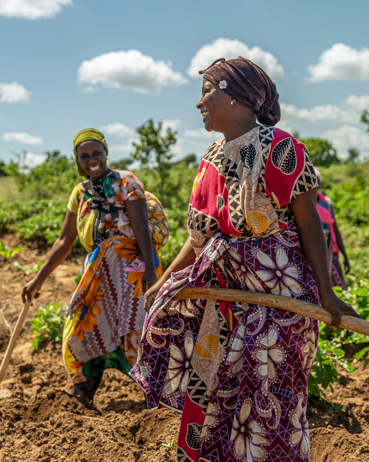 Two women in colorful traditional clothing are working in a field with hoes, smiling and conversing under a bright, partly cloudy sky.