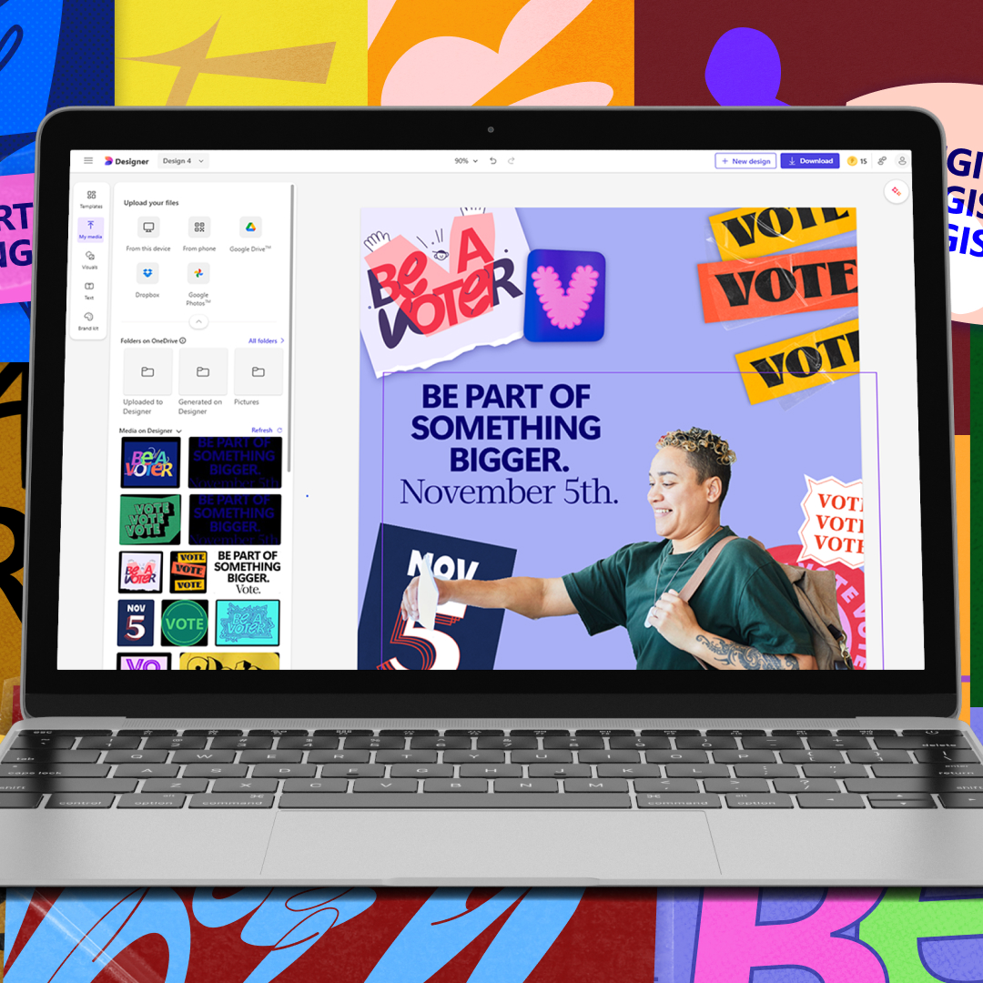 A laptop screen displays a graphic design platform with a project promoting voting on November 5th. The design includes text, a person holding a ballot, and various colorful vote-themed elements.