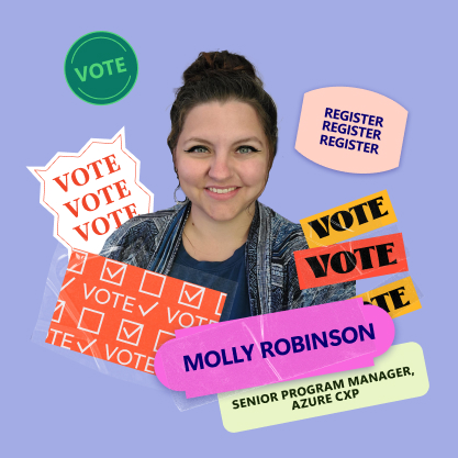 A person with a smile stands against a purple background surrounded by badges and stickers promoting voting. Includes text: "Molly Robinson," "Vote" signs, and "Register" reminders.