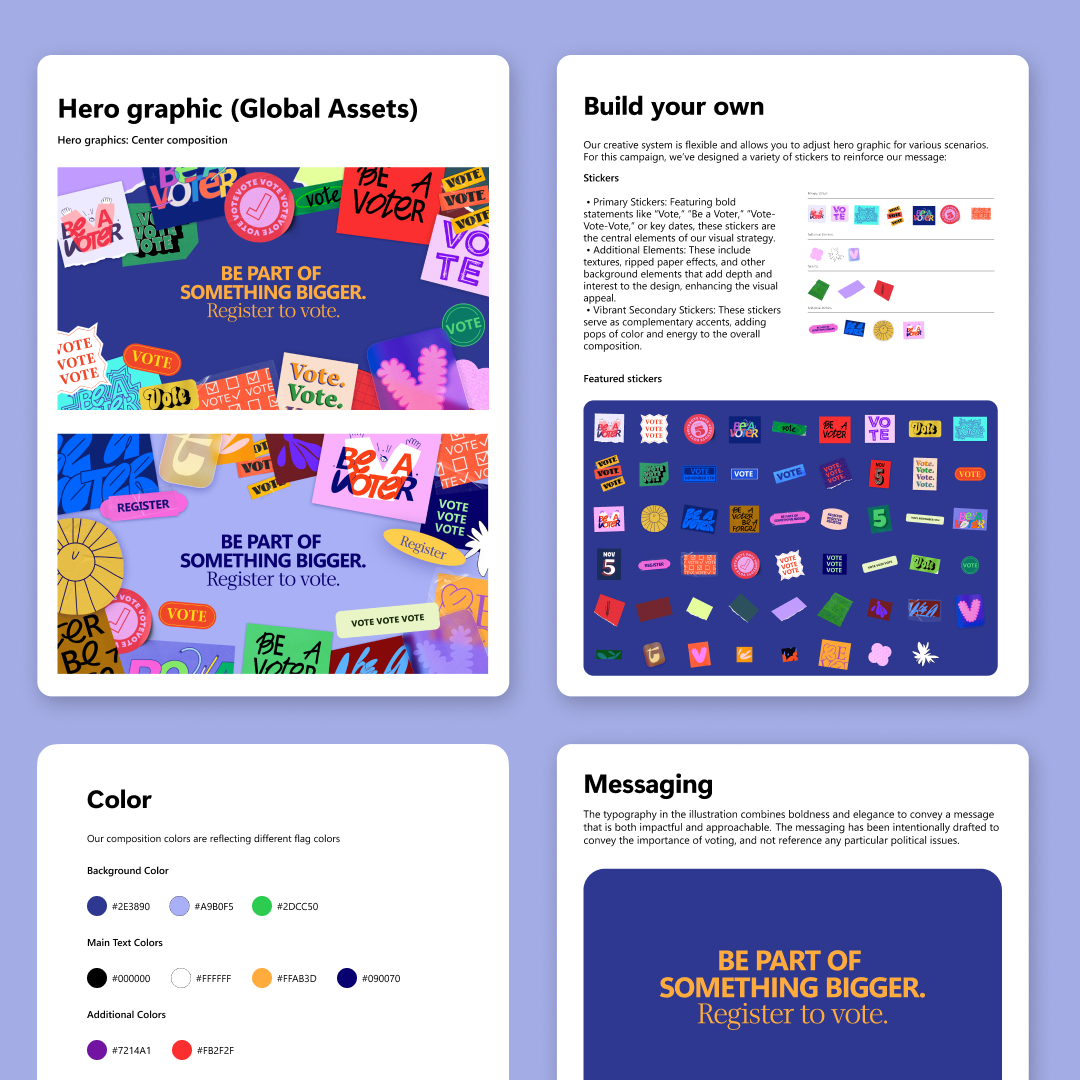 Detailed graphic design layout showcasing various design elements and guidelines for voter registration campaign materials, including stickers, color schemes, messages, and thematic images.