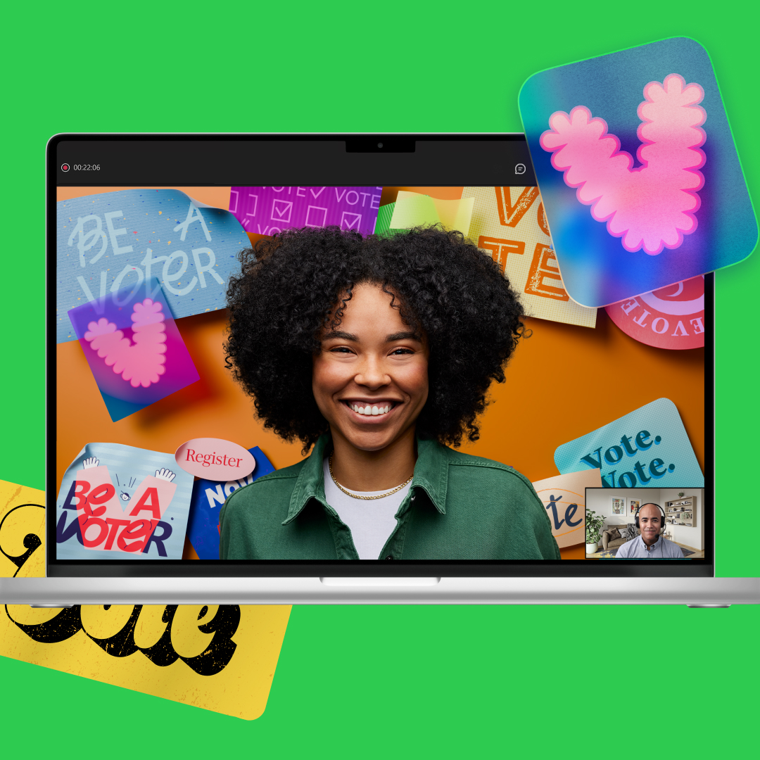 A smiling person on a video call is displayed on a laptop screen. The background shows various voting-related stickers and graphics encouraging people to vote.