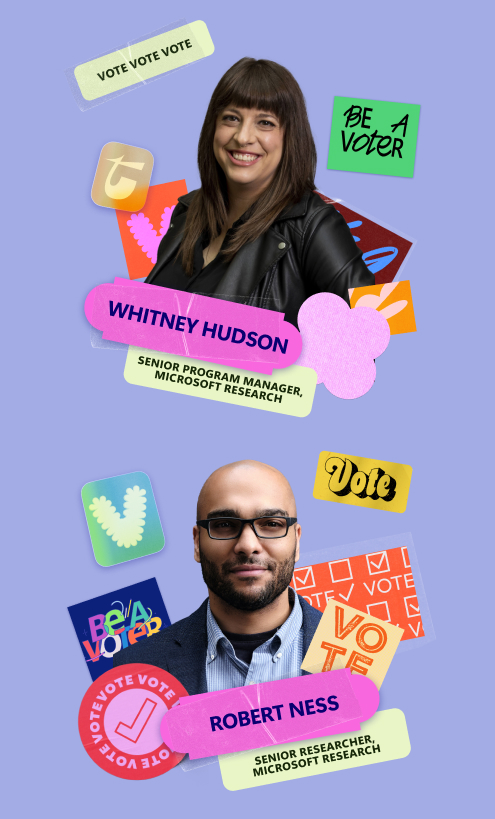 Two individuals, Whitney Hudson and Robert Ness, affiliated with Microsoft Research, are shown with various "vote" themed stickers and graphics surrounding them.