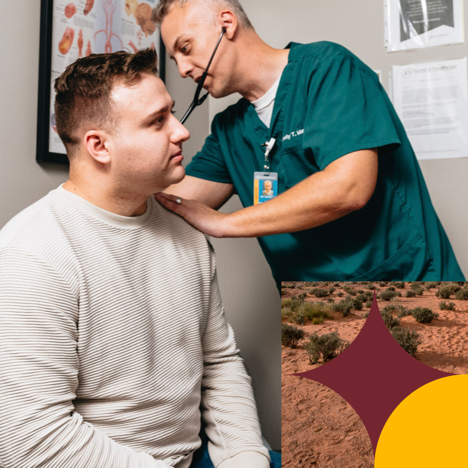 Doctor examines a patient using a stethoscope in a medical office. A colorful geometric design overlays part of the image.