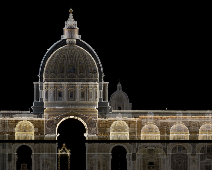 Digital illustration of a grand architectural structure with a large dome and detailed arches, set against a black background.