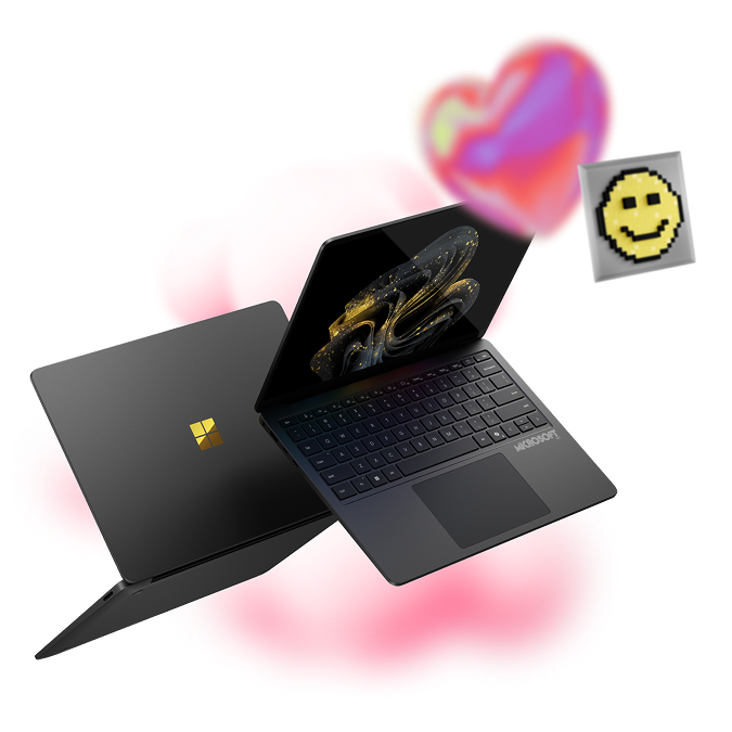Two black laptops, one open and one closed, float on pink clouds with a pixelated smiley face and heart in the background.