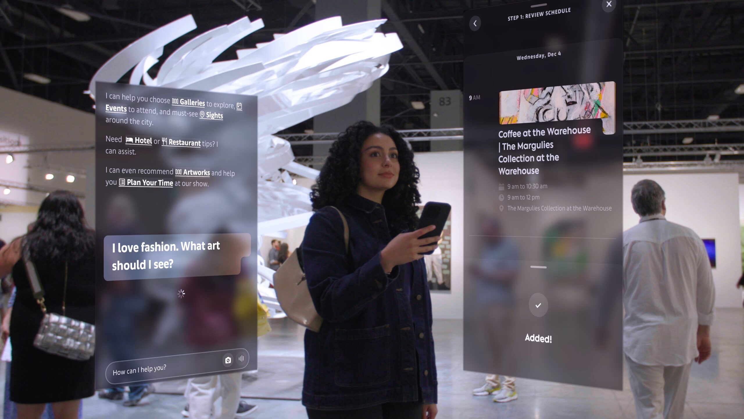 A person stands in a gallery, holding a smartphone. Two digital interfaces display information about gallery assistance and a restaurant booking.
