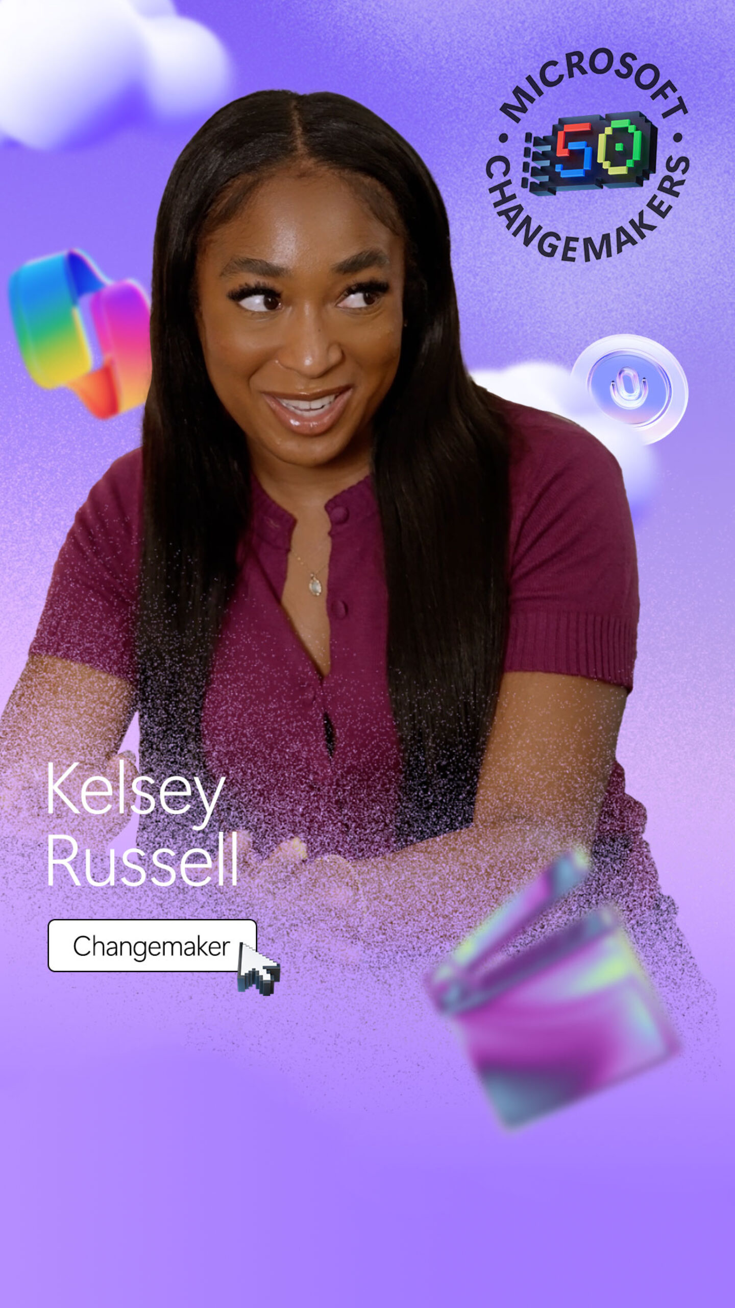 Smiling person in a purple shirt against a purple background with the text "Microsoft Changemakers" and "Kelsey Russell." Colorful digital graphics surround them.