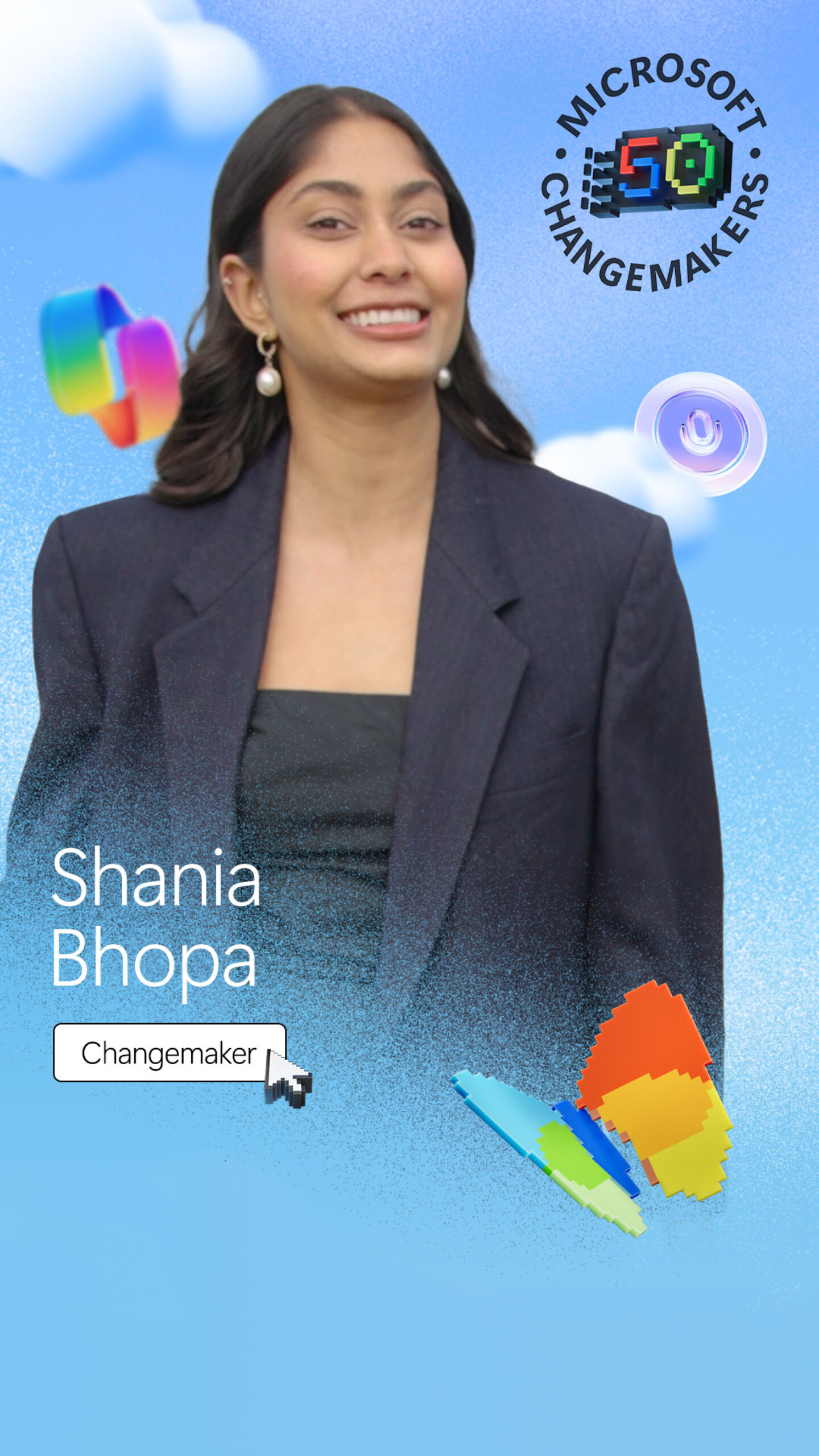 A woman in a black top and blazer smiles against a blue cloud background. Text reads "Shania Bhopa, Changemaker." Microsoft logos and colorful shapes are present.