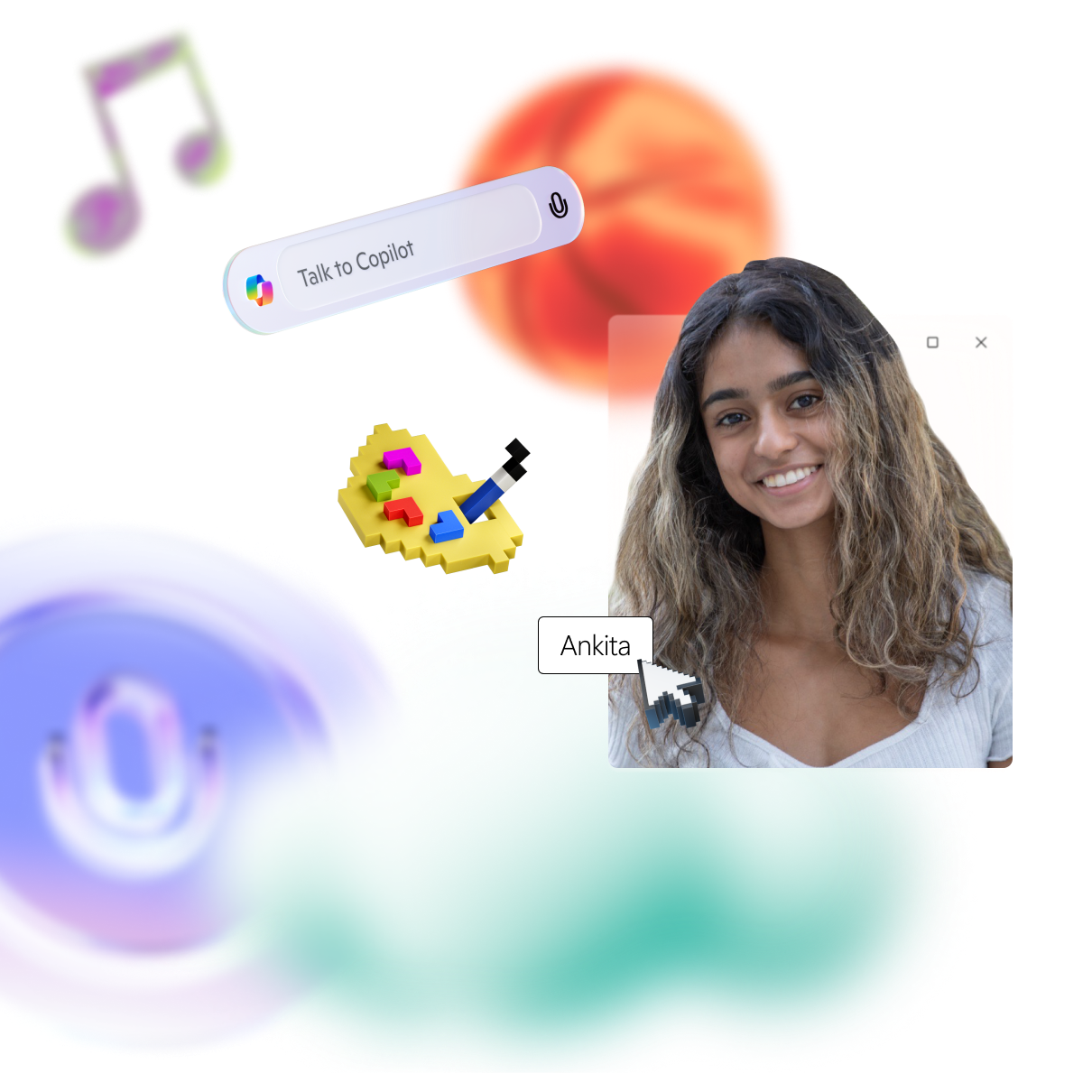 An abstract digital collage featuring a smiling woman, a music note, a chatbot prompt, a microphone icon, and colorful backgrounds.