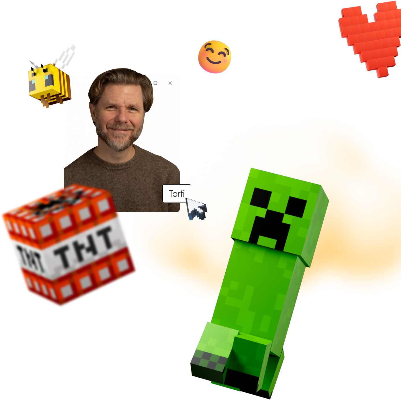 A person in a pop-up box surrounded by Minecraft-themed elements: a bee, smiling emoji, TNT block, Creeper, cloud, and red heart.