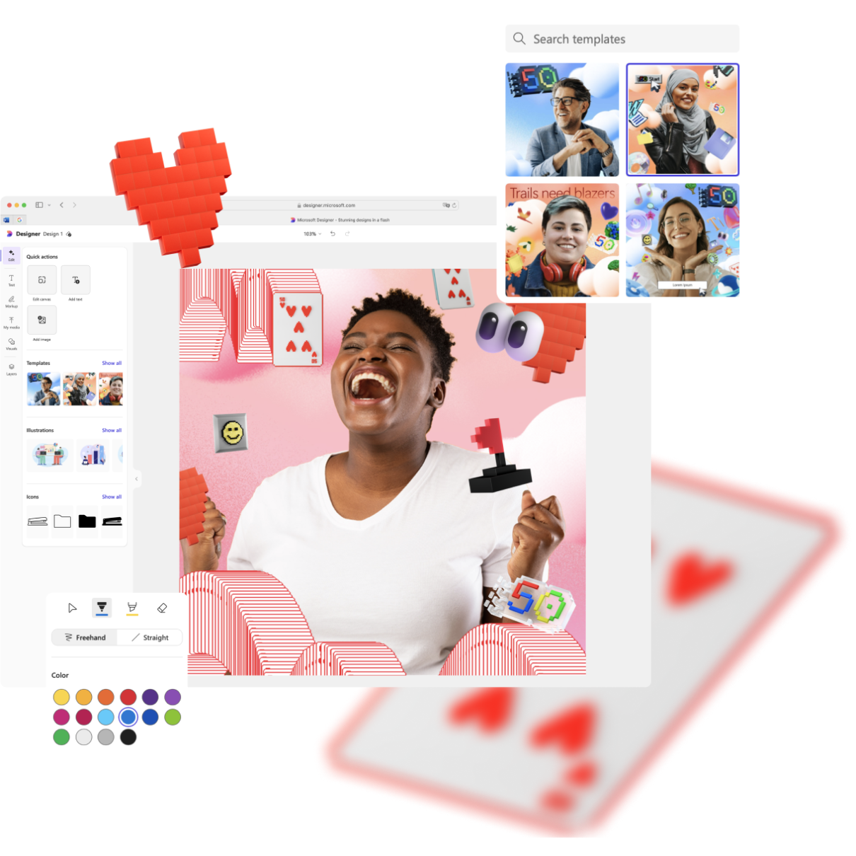A person smiling broadly in a digital collage workspace with creative elements like hearts and cards. A template search window is open, displaying various design options.