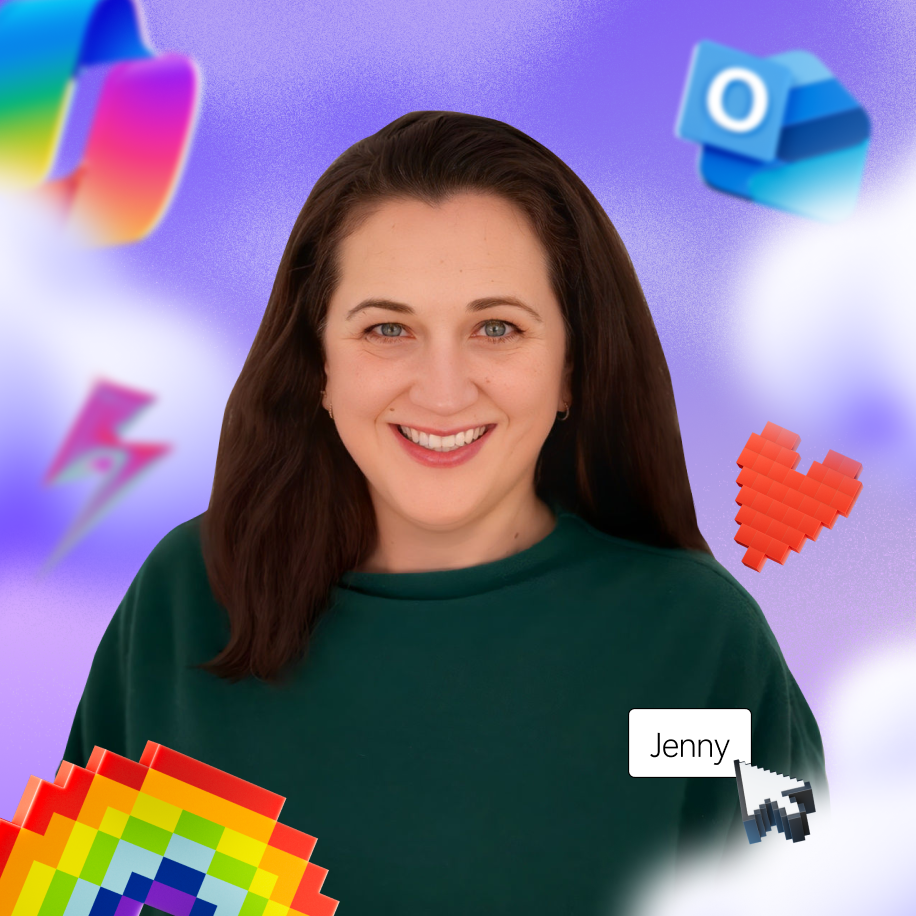 A person smiling in front of a colorful digital background with icons, including an email app, a heart, and a rainbow. A label says "Jenny.