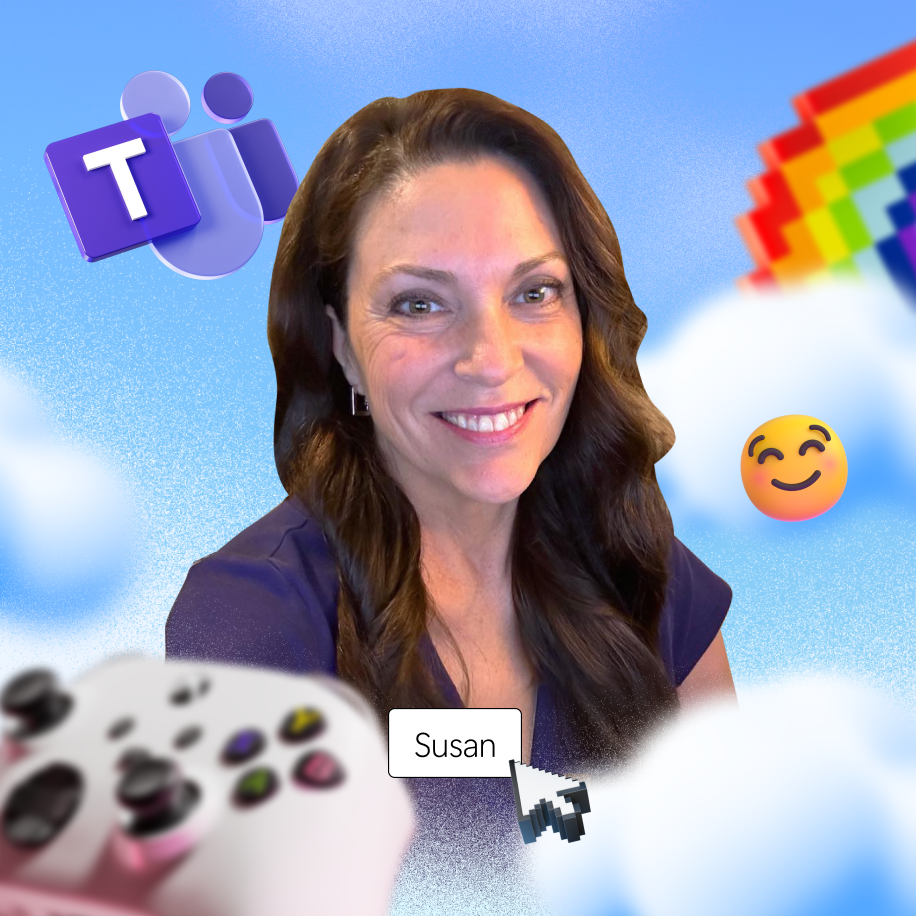 Woman smiling with long brown hair, surrounded by graphics including a rainbow, a gaming controller, an emoji, and a Microsoft Teams icon against a cloud-filled sky. Name tag reads "Susan.