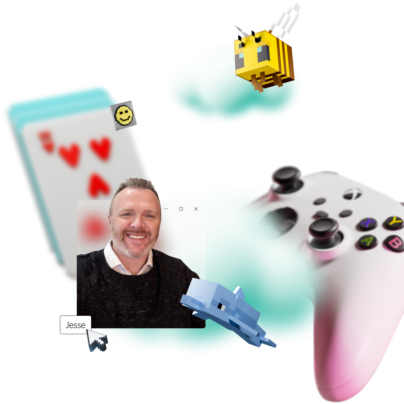 A man smiles near cloud graphics featuring a playing card, bee, dolphin, and gaming controller.