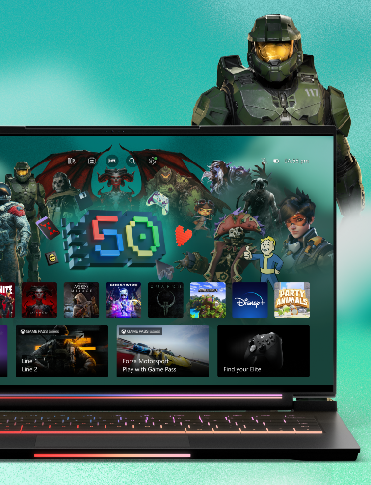 A laptop screen displays a gaming interface with various game thumbnails and a prominent "50" graphic. A futuristic armored character stands behind the laptop.