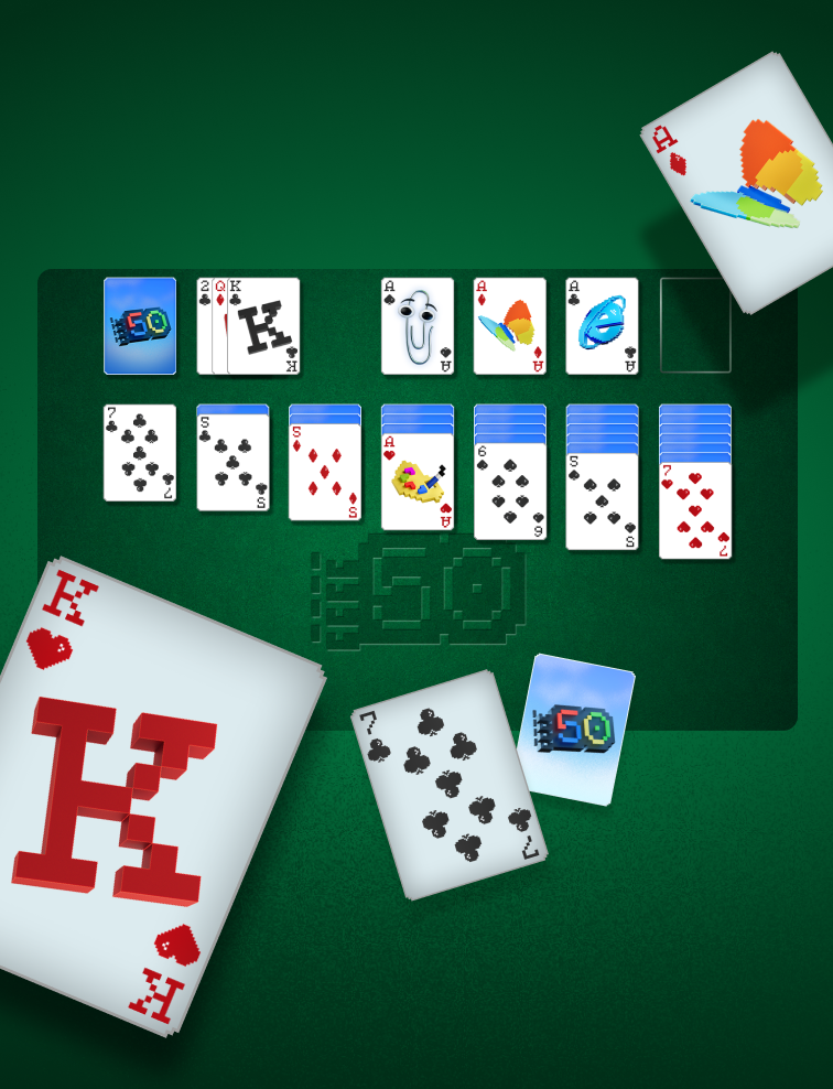 A digital card game interface with a themed design showing various playing cards, some with unique graphics like a piano and fish. A large King of hearts and ace of spades are prominent.
