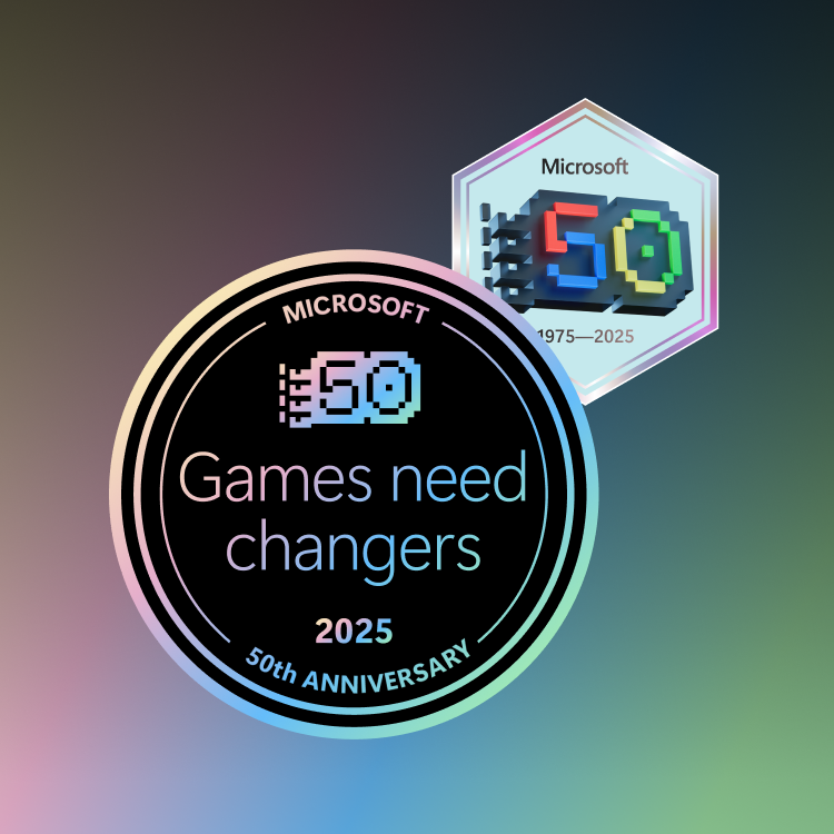 Circular Microsoft logo celebrating 50th anniversary with text "Games need changers" and dates 1975—2025. Gradient background.