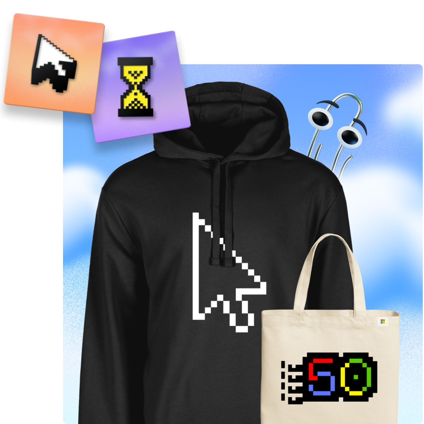 A black hoodie with a pixelated cursor design and a tote bag with a pixelated "50" logo. Surrounding elements include pixelated cursors, an hourglass, and cartoon eyes on a blue sky background.