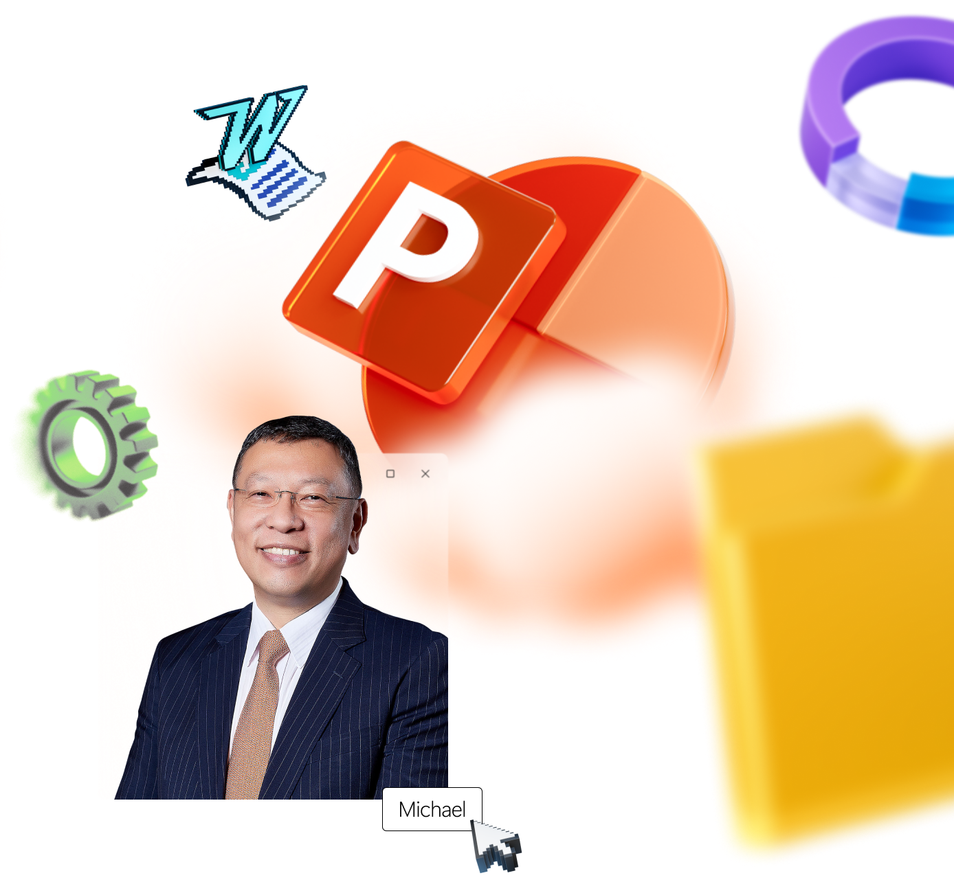 Man in a suit with glasses is framed in front of a PowerPoint logo, surrounded by various icons including Word, a gear, and a folder.