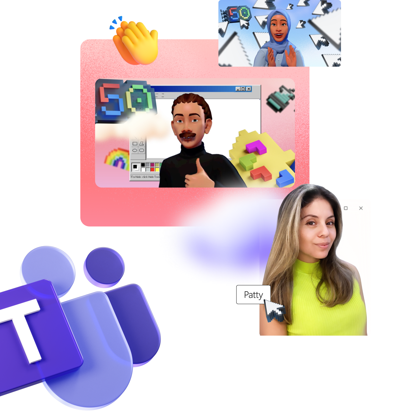 Digital collage featuring a "Teams" logo, digital characters in video calls, and a woman in a yellow top labeled "Patty." Icons and emojis are scattered throughout.