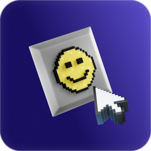A pixelated smiling face on a gray button with a 3D pixelated cursor pointing at it, set against a dark blue background.