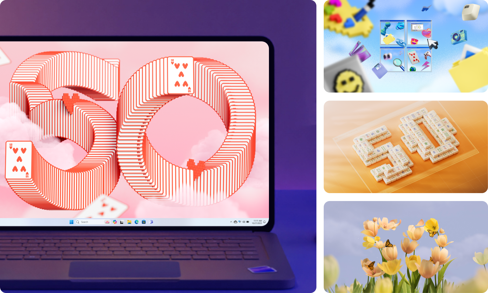 A laptop displays a digital artwork of the number 50 made of playing cards. Beside it are images of a board game, a card structure, and tulips.