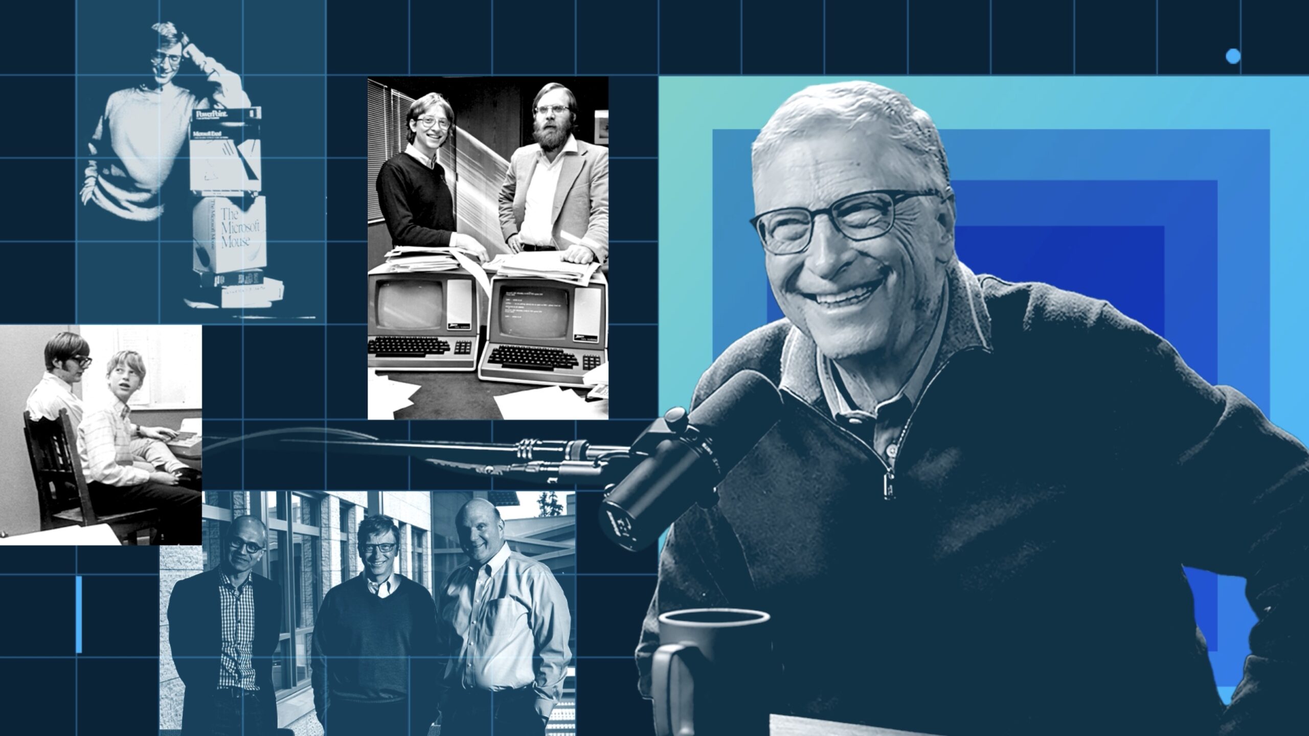 A smiling man in glasses sits at a microphone with historic photos of people working on computers in the background.