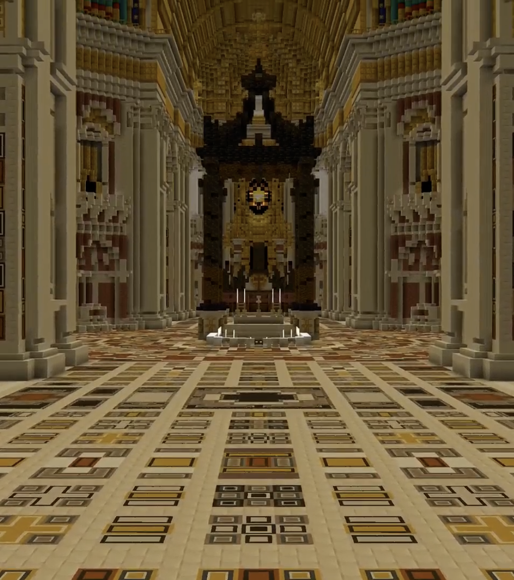 A grand, digitally rendered hall with ornate columns, intricate patterned floors, and an elaborate ceiling. An altar-like structure is positioned centrally at the end.