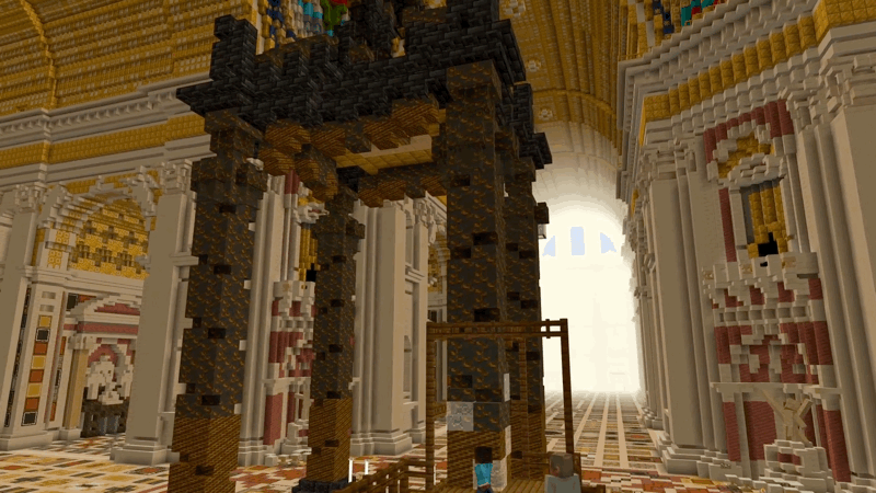 A detailed, blocky video game structure resembling a large cathedral interior with columns and arches, featuring bright sunlight streaming through a window.