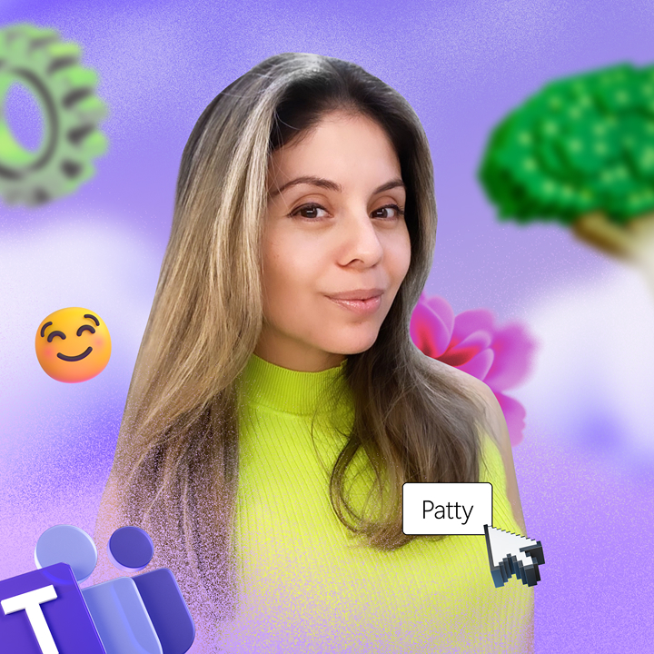Person with long hair and green top smiles subtly. Background features a gear, smiling emoji, and digital icons. Name tag "Patty" with a cursor points to person.