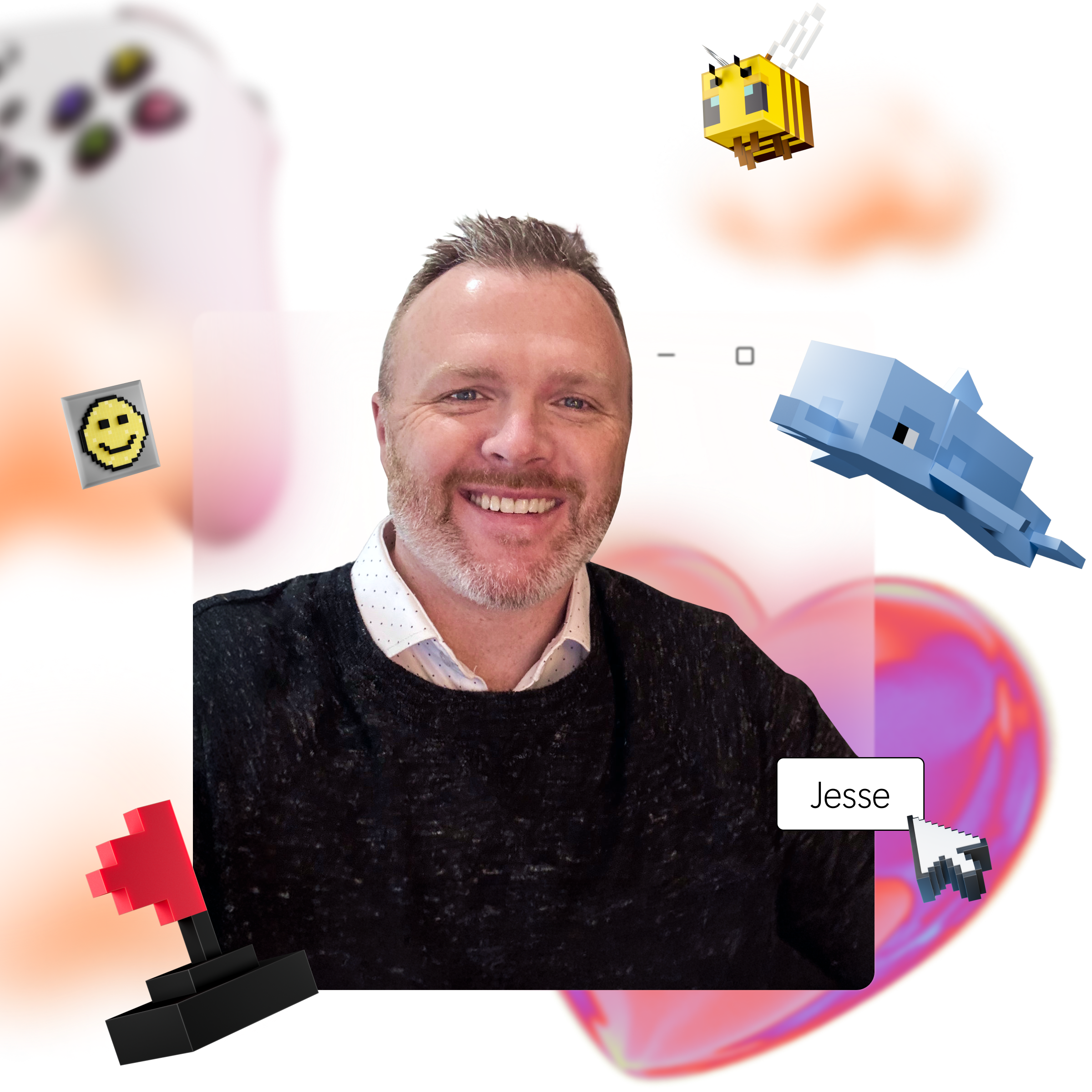 Man smiling in a photo with digital icons including a bee, dolphin, heart, and cursor around him. Name tag reads "Jesse.