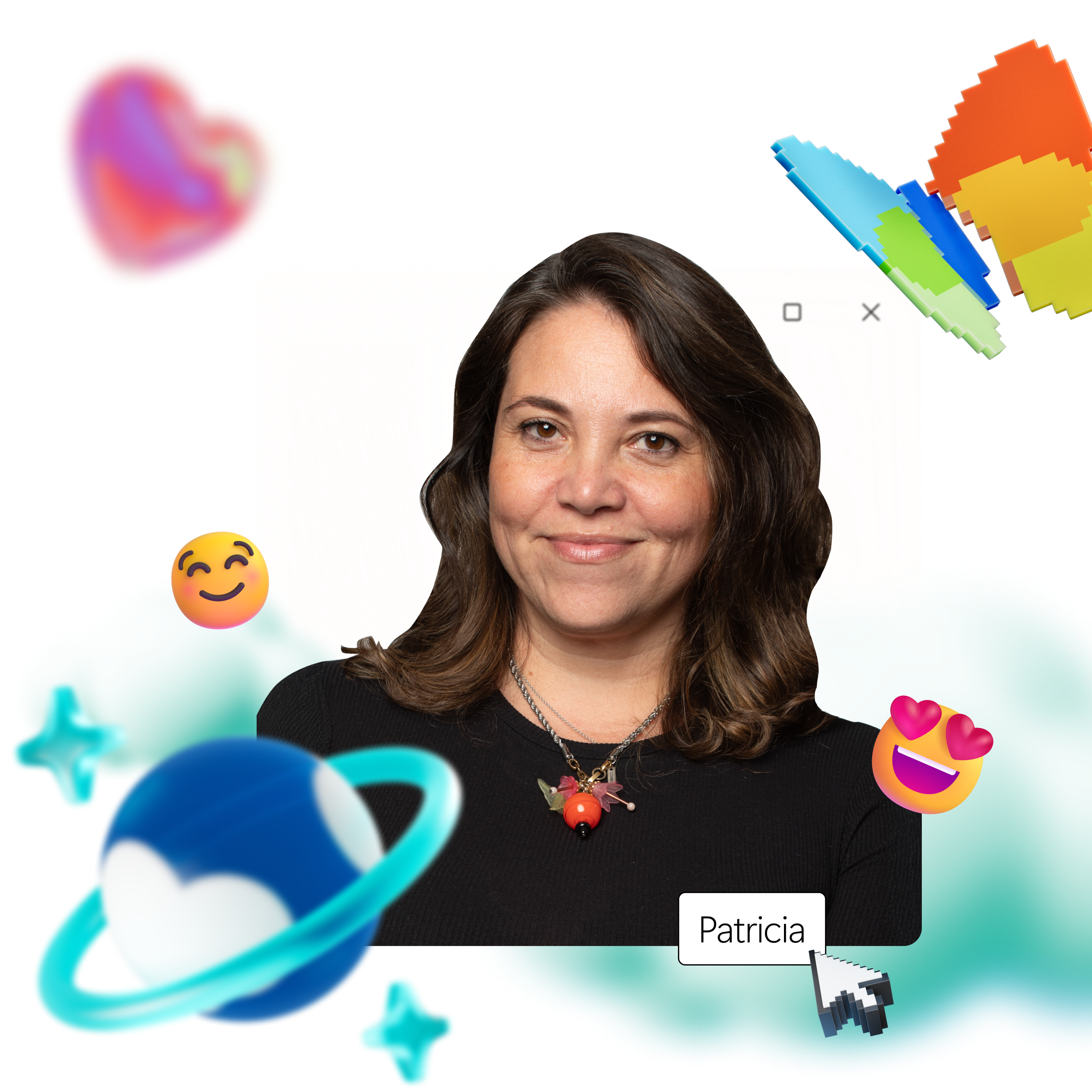 Smiling woman with brown hair in front of colorful heart, emojis, and cloud graphics. Name tag reads "Patricia.