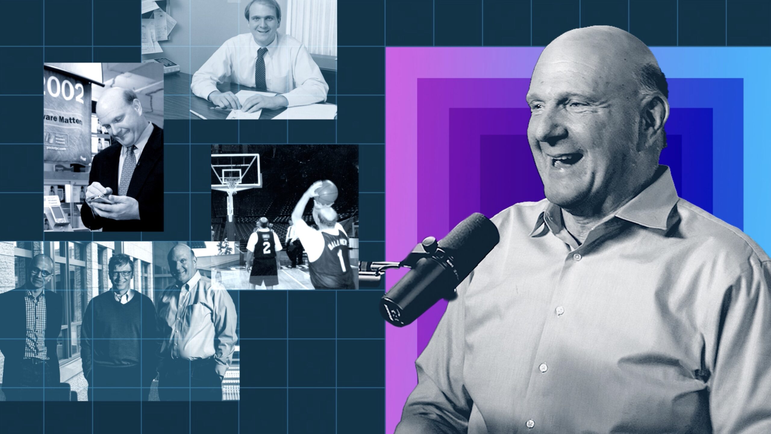 A person speaks into a microphone, surrounded by photos of him at various life stages, including working, playing basketball, and using a phone, set against a grid background with blue and purple tones.