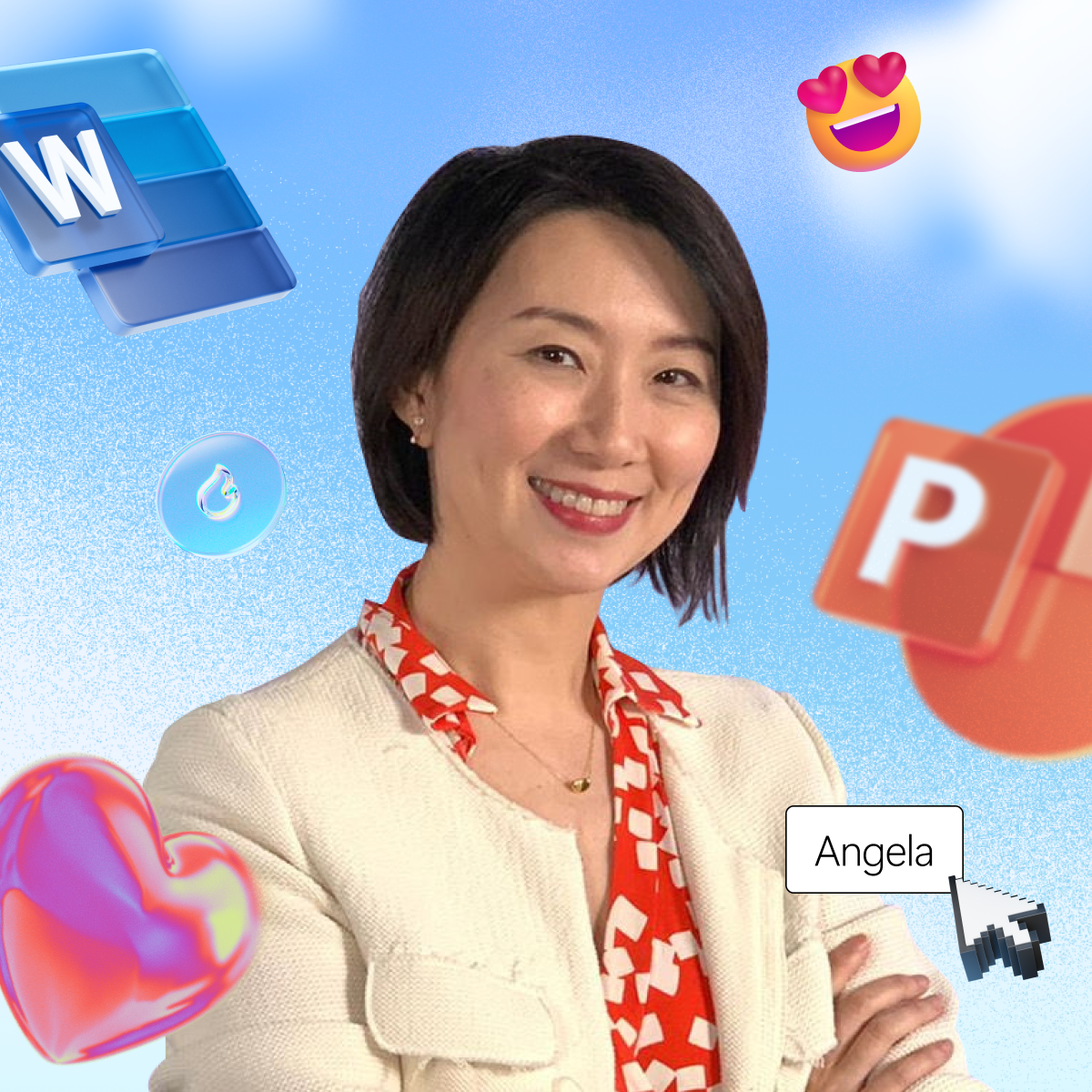 A person in a white jacket and red patterned blouse smiles, surrounded by digital icons including Microsoft Word, PowerPoint, and emoji symbols, against a blue background.