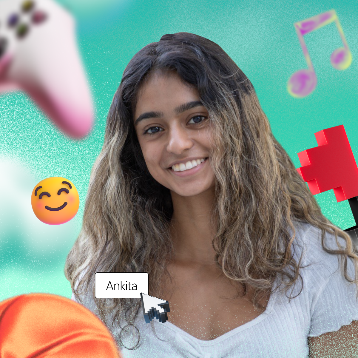 A person with long, wavy hair smiles. Various icons like a game controller, music notes, and emoji surround them against a teal background. A cursor and label "Ankita" are present.