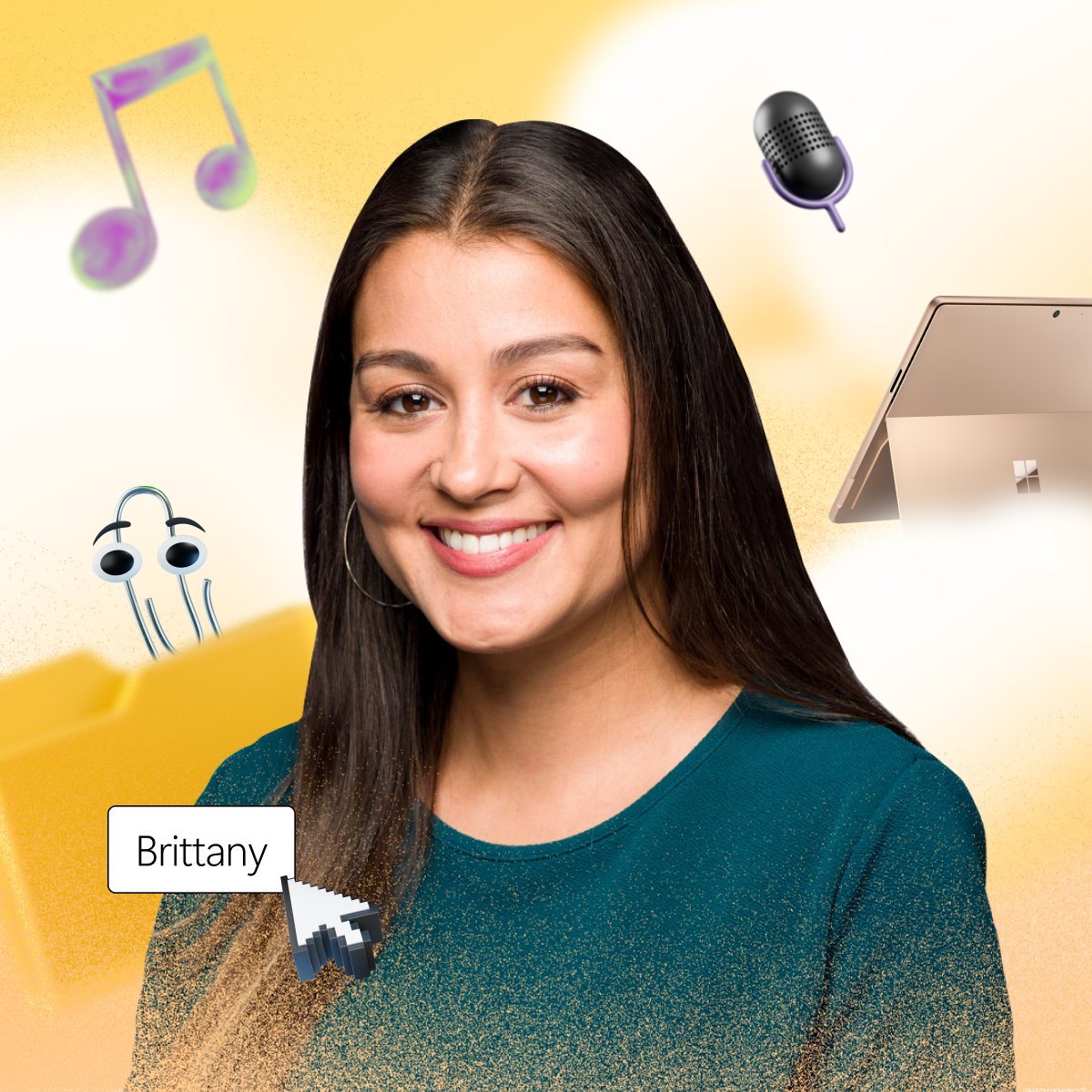 Smiling person with long hair, surrounded by music note, microphone, laptop, eye, and cursor graphics. Name label says "Brittany." Background is a yellow gradient.