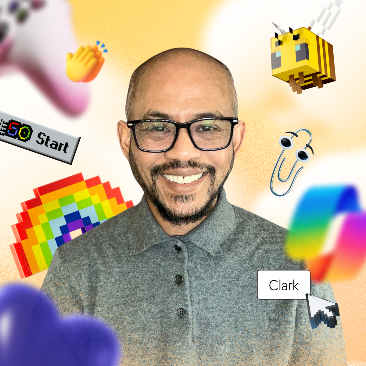 A smiling man with glasses and a grey shirt is surrounded by nostalgic digital icons, including a game controller, bee, Clippy, rainbow, and a computer cursor labeled "Clark.