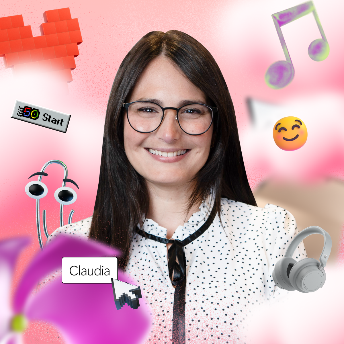 A person with long dark hair and glasses smiles. Overlay includes a heart, musical notes, a flower, headphones, an emoji, and digital icons on a pink background.