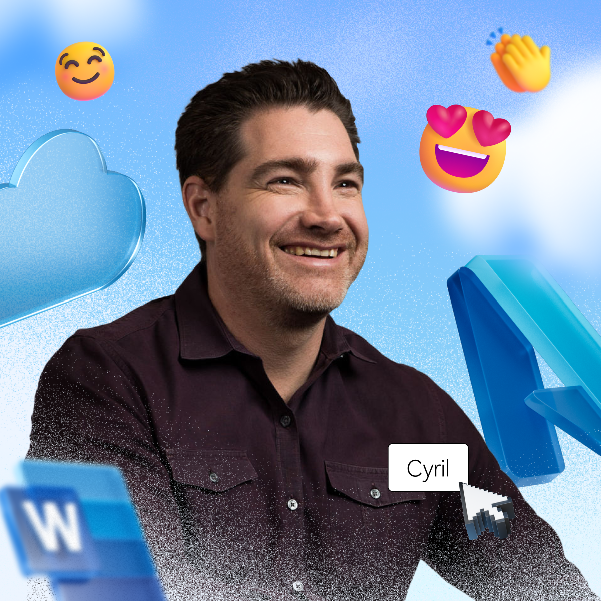Smiling man in a dark shirt, surrounded by cloud icons and emoji graphics, with a label "Cyril" pointing to him.