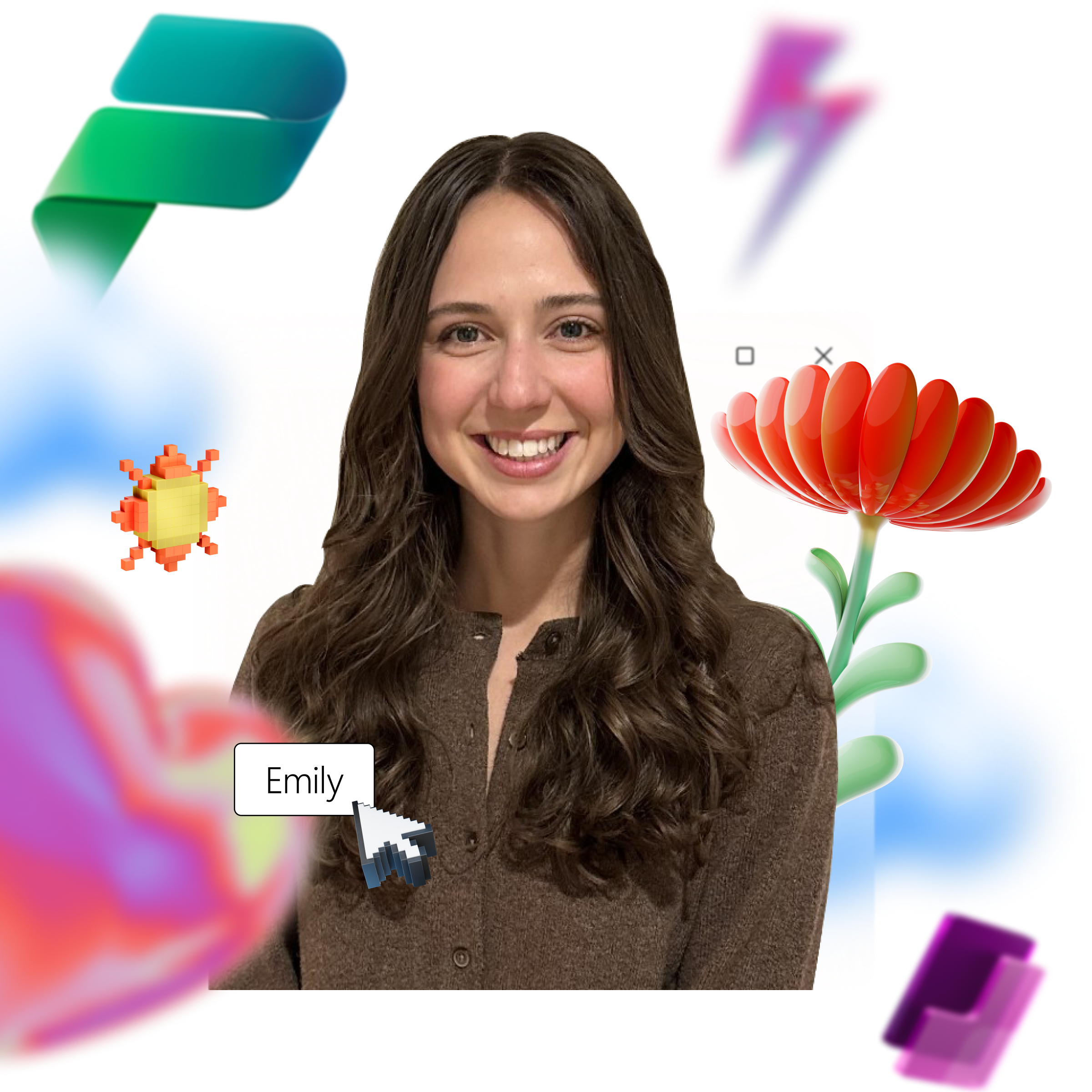 Young woman with long brown hair smiles, surrounded by colorful digital graphics, including clouds, a heart, a bug, and a flower. A label reads "Emily.