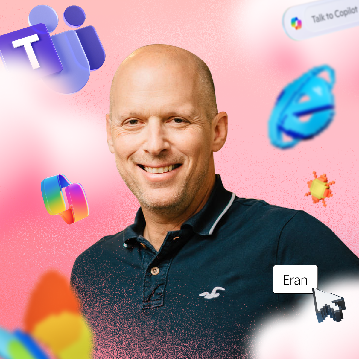 Smiling bald man with pink background and floating tech logos: Teams, Internet Explorer, and others. Speech bubble with "Talk to Copilot" and a "Eran" label appears.