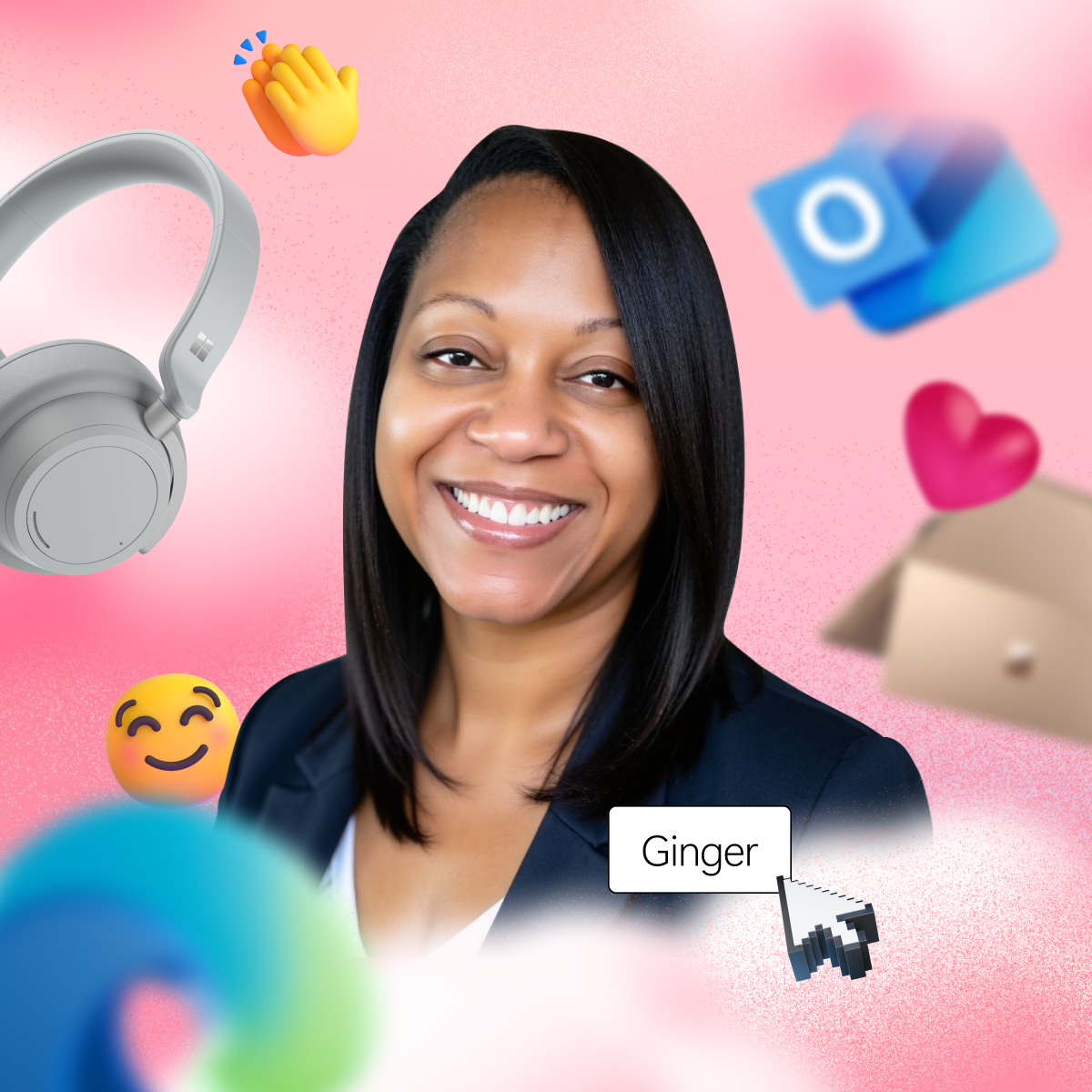 A person smiling against a pink background, surrounded by emojis, a headphone, an email app icon, and a web browser icon.