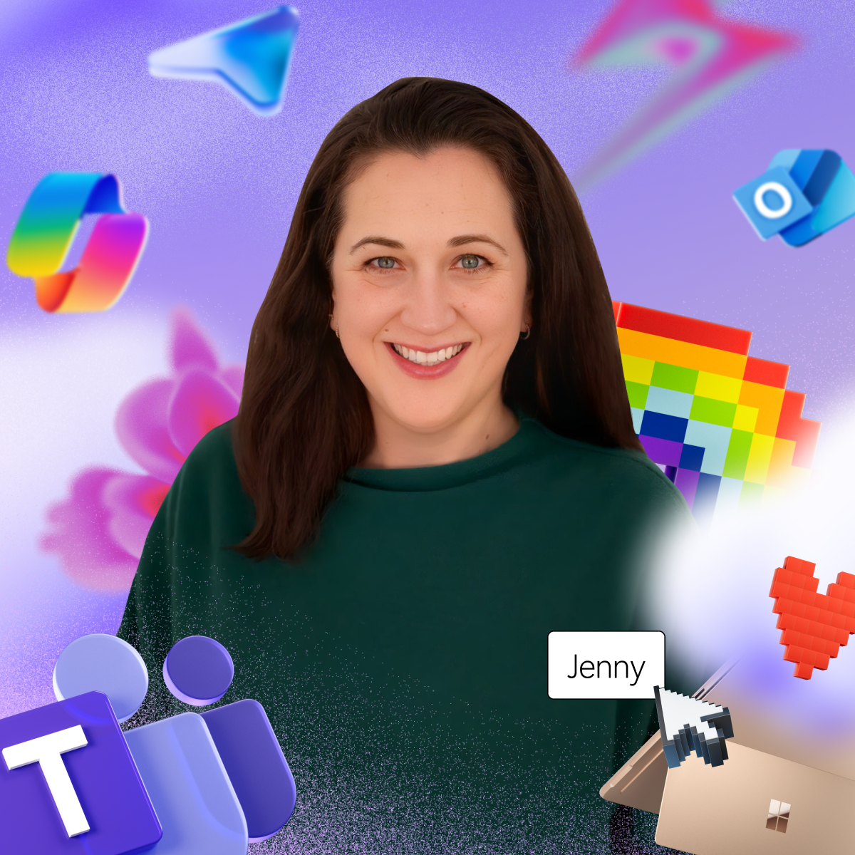 Smiling person with dark hair against a purple background with floating icons, including a rainbow heart, a 3D cube, and digital communication symbols.